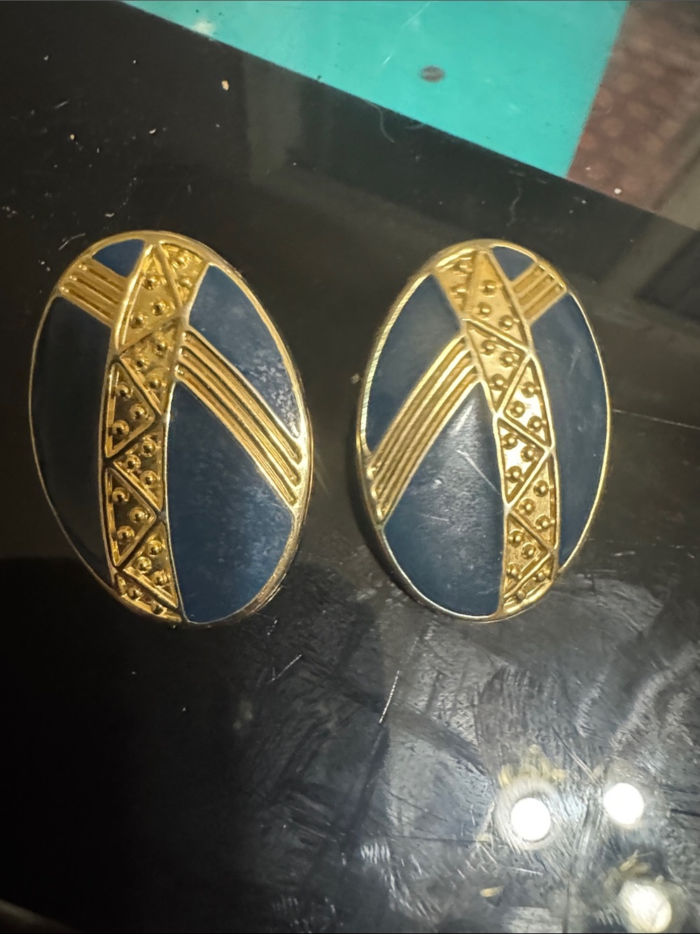 Gold and Navy Oval Clip-On Earrings